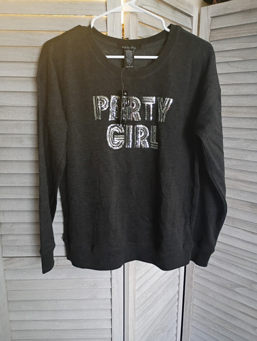 Sable Sky Women's Size Small Dark Gray Sequin Sweatshirt Party Girl NEW WITH TAG